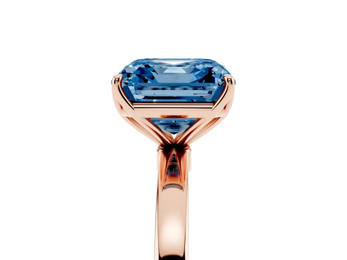 Fancy Blue Asscher Cut Diamond Solitaire Ring with Thin Band and Prong Setting Rose gold