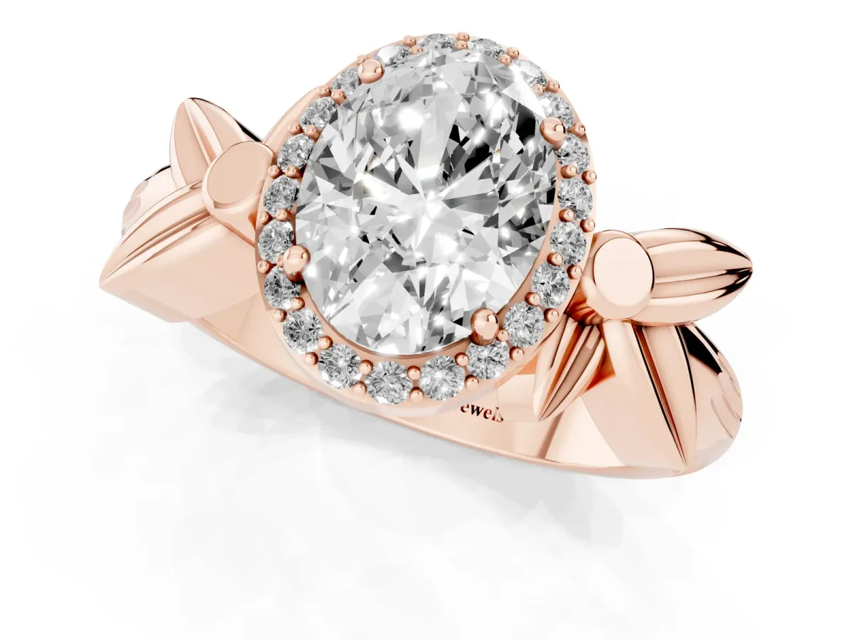 Oval Cut Halo Diamond Floral Band with Four-Prong Setting Rose gold