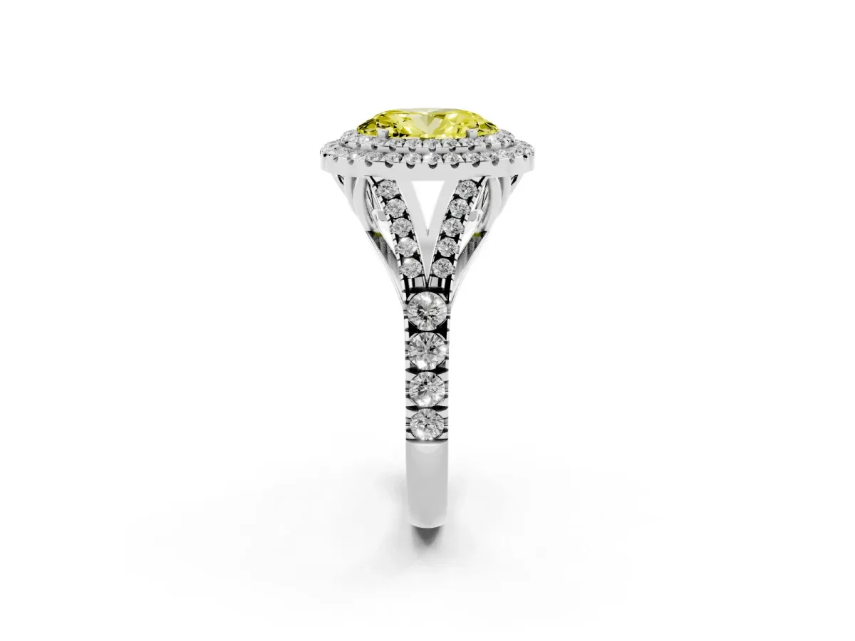 Fancy Yellow Oval Cut Diamond Pavé Split Shank Double Halo Engagement Ring Platinum