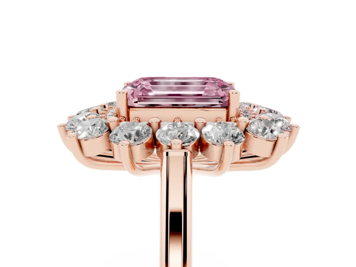 Fancy Pink Emerald Cut Diamond Floral Double Halo Engagement Ring with Prong Setting Rose gold