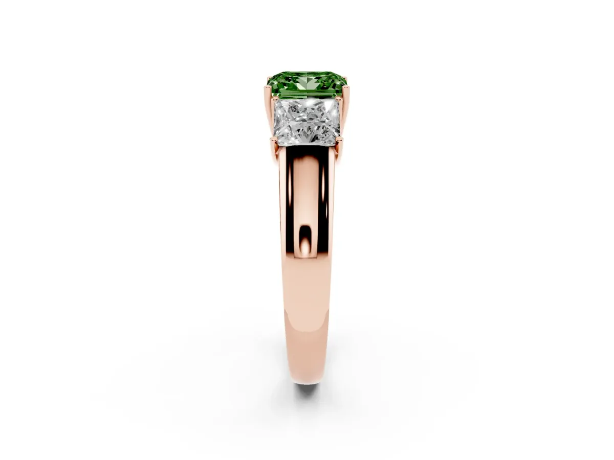 Fancy Green Three-Stone Princess Cut Cut Diamond Ring with Prong Setting and Classic Band Rose gold