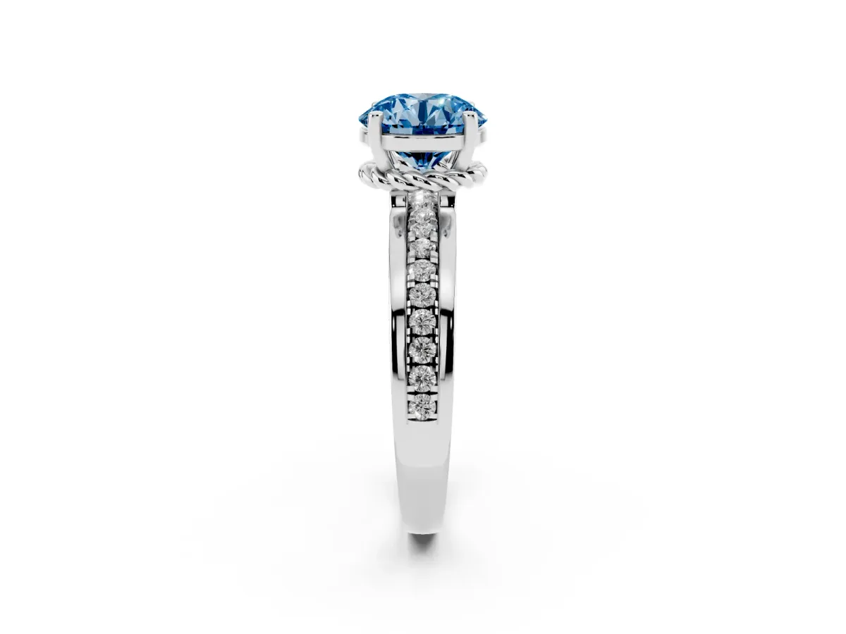 Fancy Blue Round Cut Solitaire Diamond Ring with Channel Set Band and Six-Prong Setting Silver