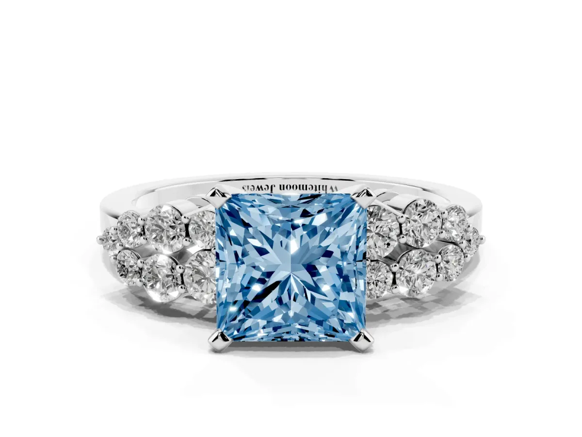 Fancy Blue Princess Cut Cluster Diamond Engagement Ring with Pavé Band and Four-Prong Setting Silver