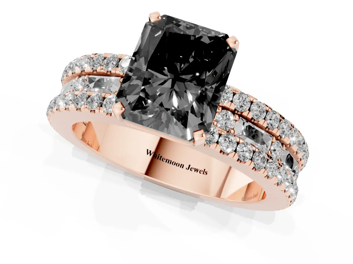 Fancy Black Radiant Cut Diamond Solitaire Ring with Pavé and Channel Set Band Rose gold