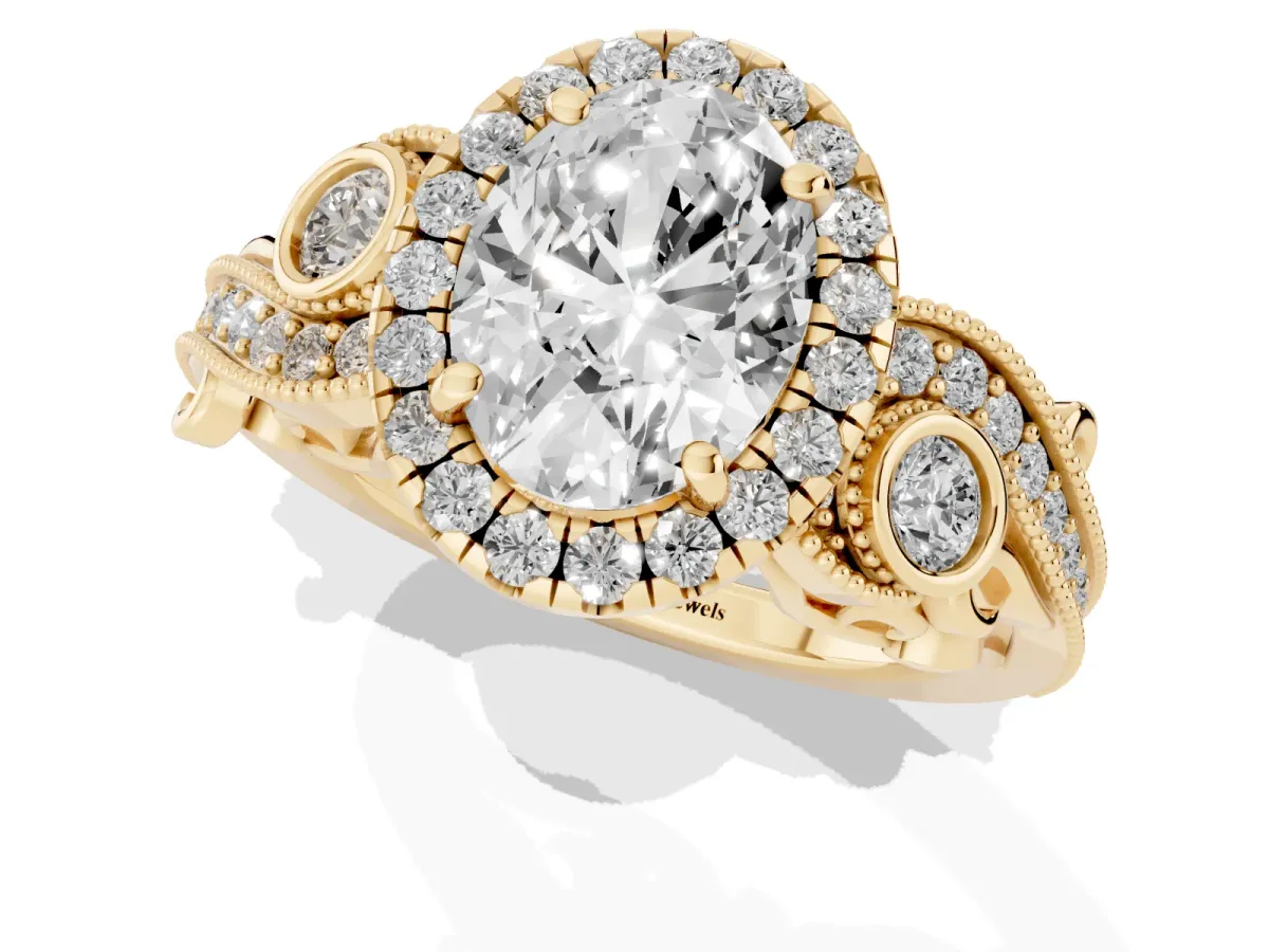 Oval Cut Diamond Halo Ring with Milgrain Pavé Band and Four-Prong Setting Yellow gold