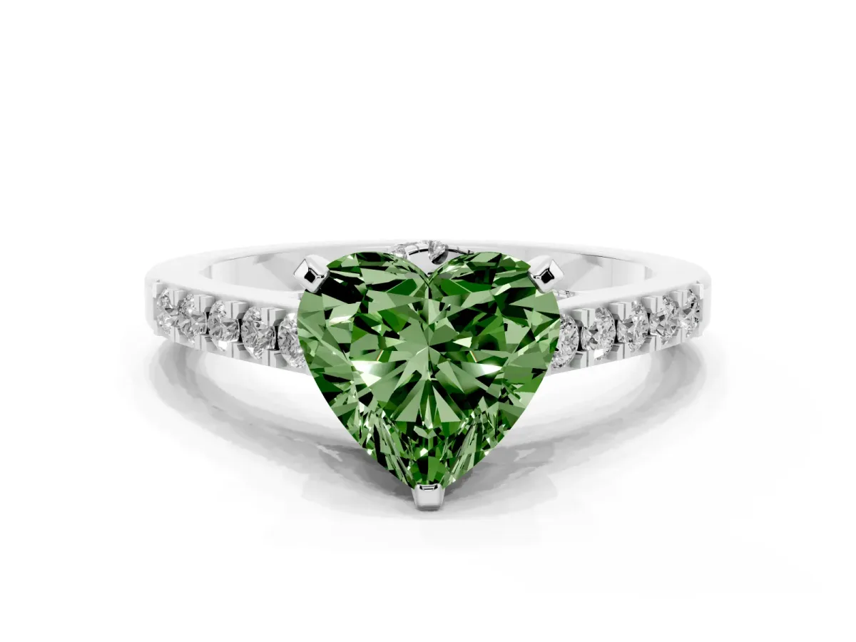 Fancy Green Heart Cut Diamond Solitaire Ring with Crossover Gallery and Round Pavé Band Platinum