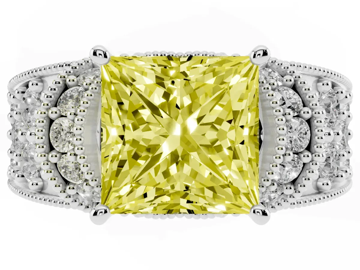 Fancy Yellow Princess Cut Halo Pave Diamond Engagement Ring with Milgrain Detailing White gold