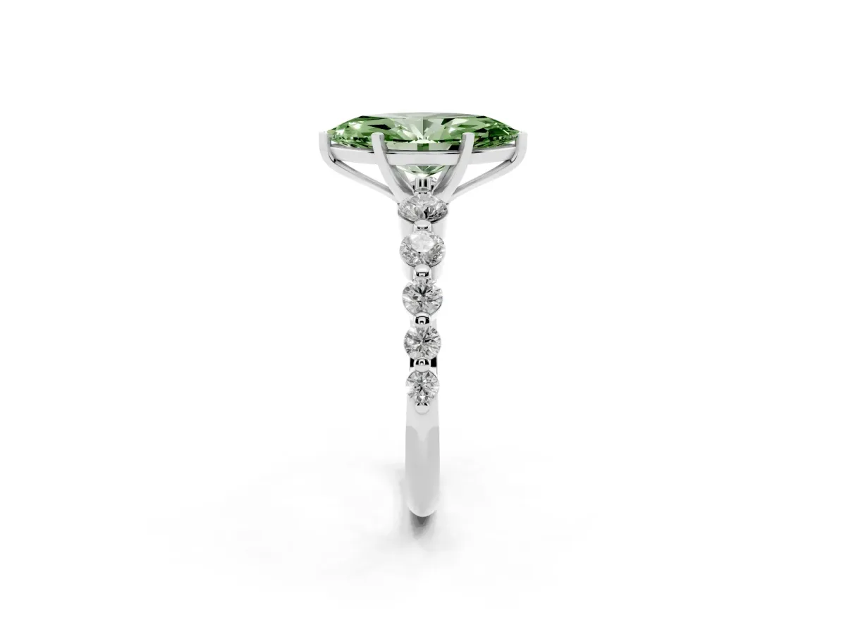Fancy Green Marquise Cut Solitaire Diamond Ring with Pave Band and Four-Prong Setting White gold