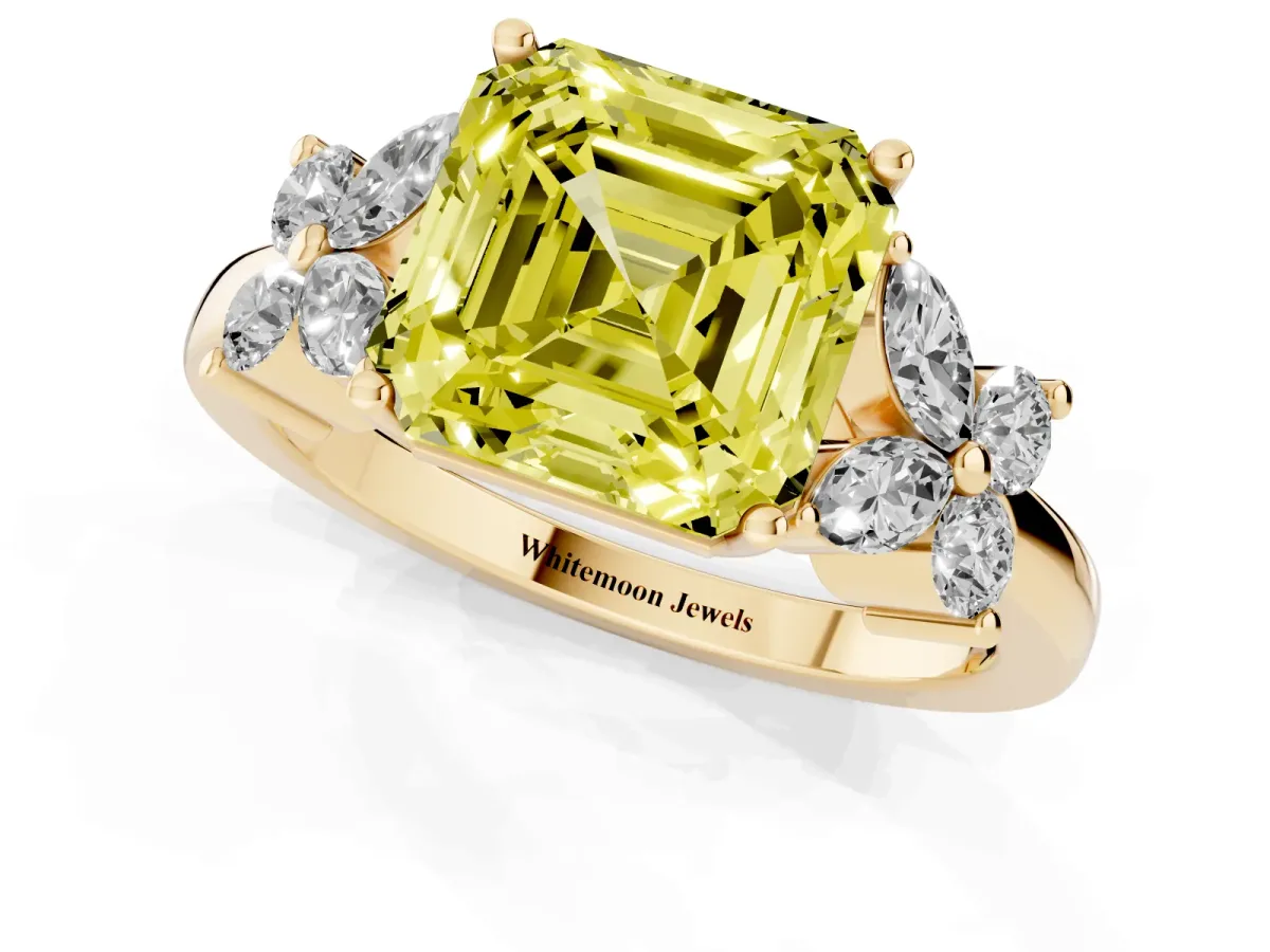 Fancy Yellow Asscher Cut Diamond Floral Cluster Ring with Solitaire Band and Prong Setting Yellow gold