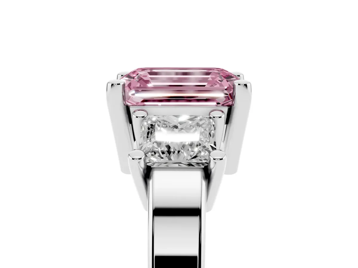 Fancy Pink Three-Stone Emerald Cut Cut Solitaire Ring with Prong Setting Silver