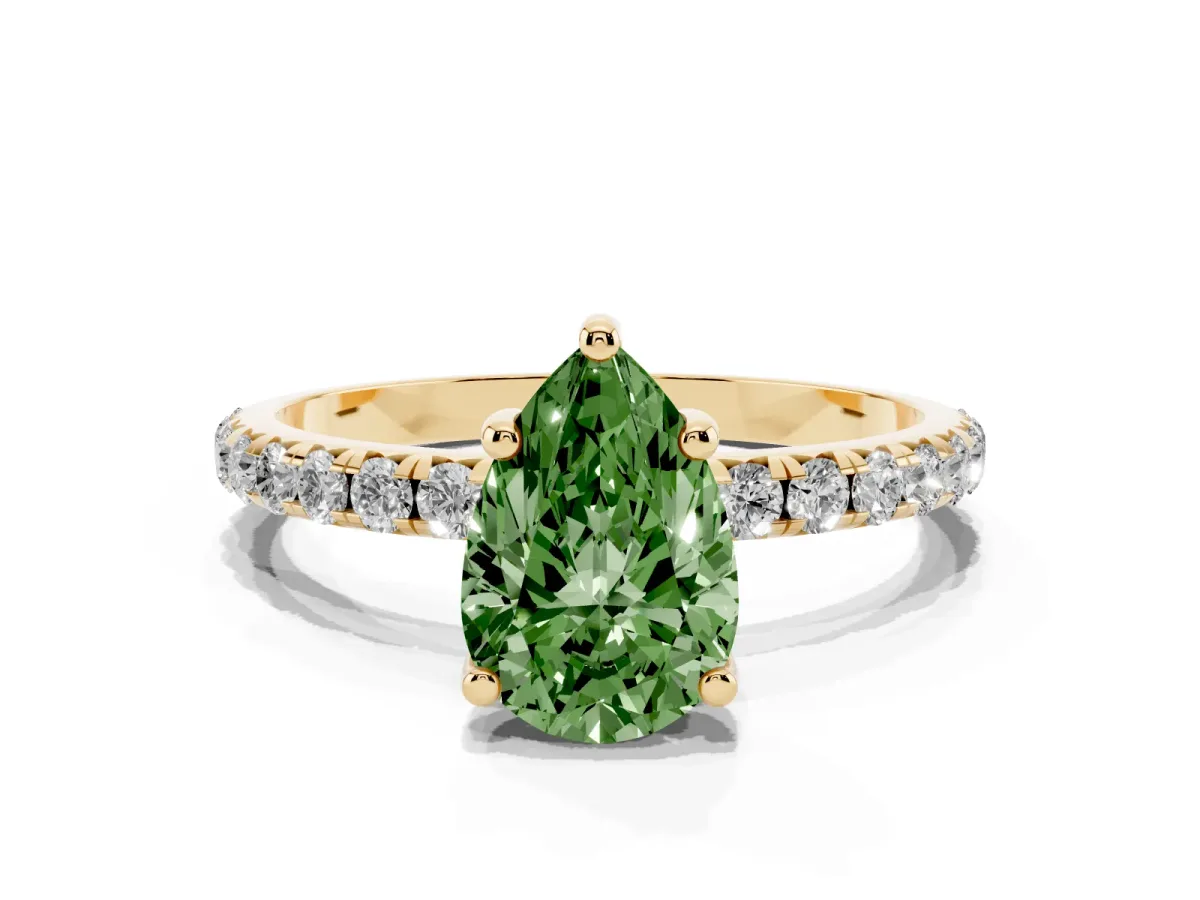 Fancy Green Pear Cut Cut Diamond Solitaire Ring with Micro Pave Band and Four Prong Setting Yellow gold