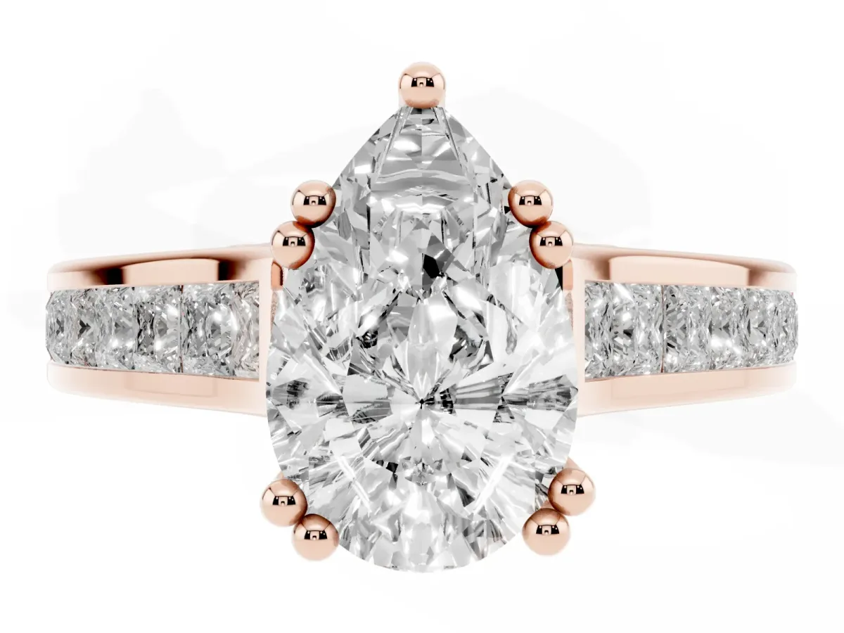 Pear Cut Cut Channel Set Solitaire Engagement Ring with Prong Setting Rose gold