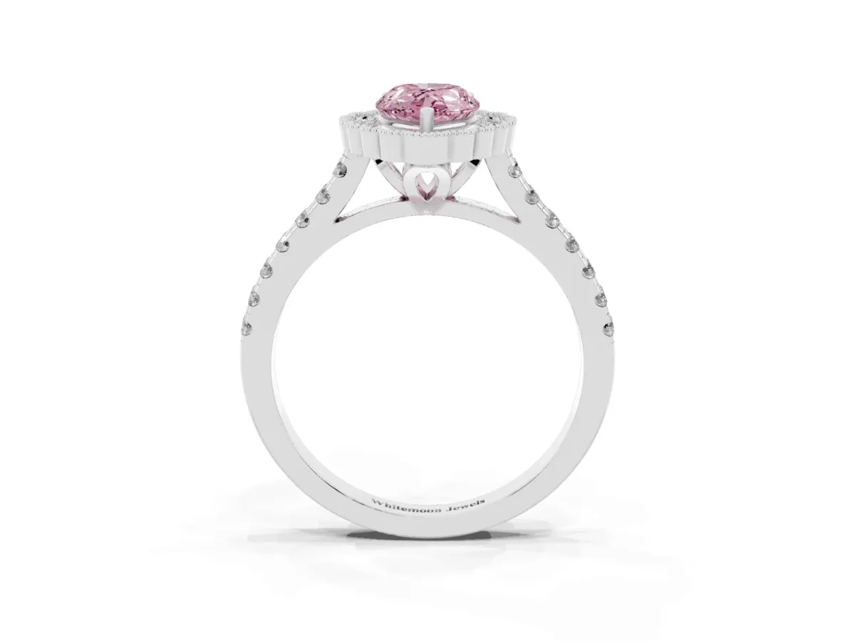 Fancy Pink Pear Cut Cut Diamond Milgrain Floral Halo Engagement Ring with Pavé Band Platinum