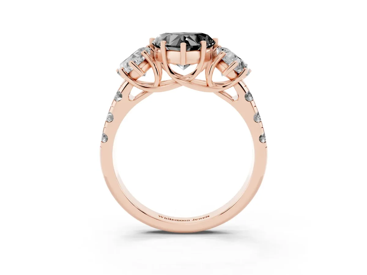 Fancy Black Three-Stone Heart Cut Diamond Pavé Band with Prong Setting Rose gold