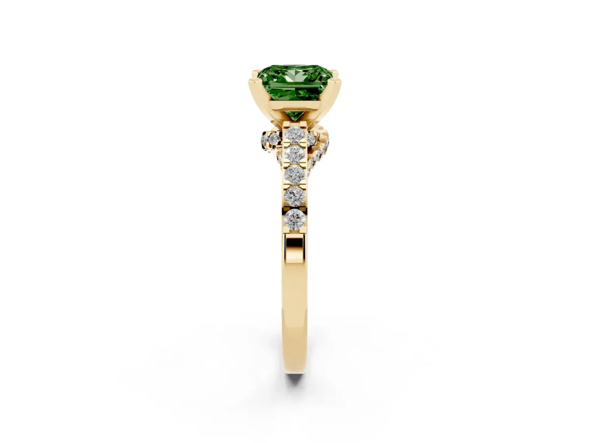 Fancy Green Princess Cut Diamond Solitaire Ring with Crossover Gallery and Round Pavé Band Yellow gold