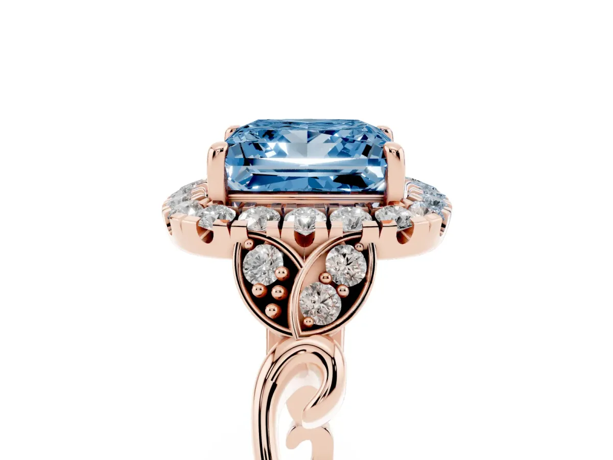 Fancy Blue Princess Cut Halo Diamond Engagement Ring with Vintage-Inspired Band and Four-Prong Setting Rose gold
