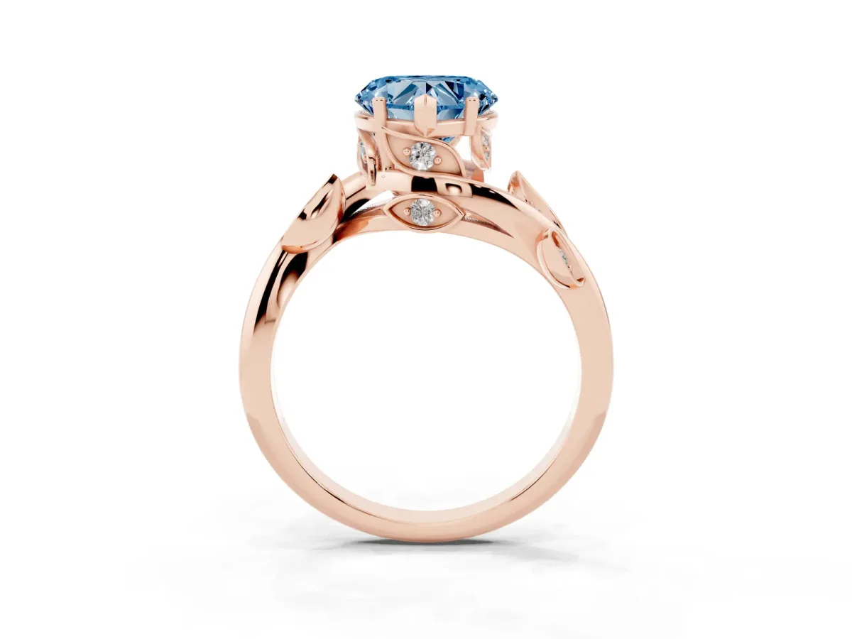 Fancy Blue Heart Cut Solitaire Twist Engagement Ring with Leaf Accents and Prong Setting Rose gold