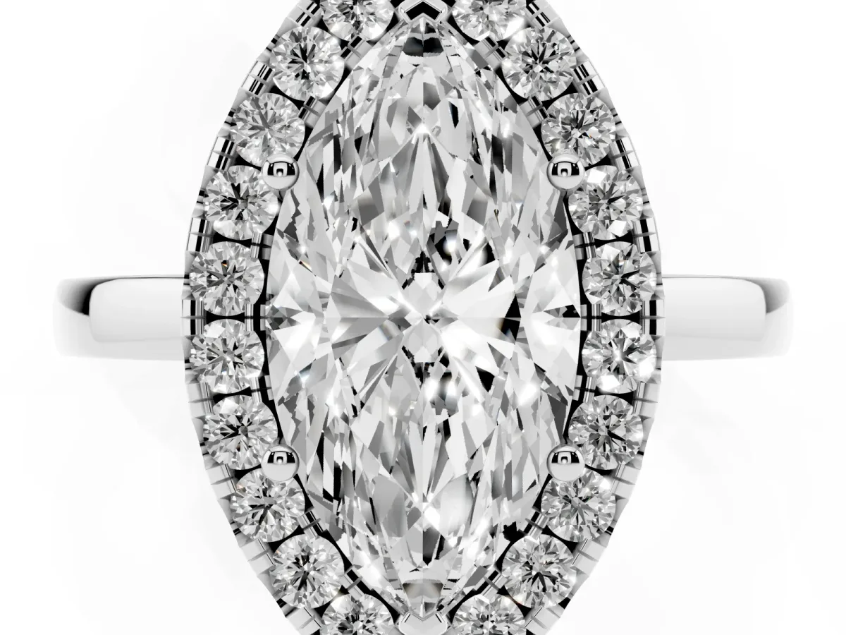 Marquise Cut Halo Diamond Solitaire with Pavé Band and Four-Prong Setting White gold