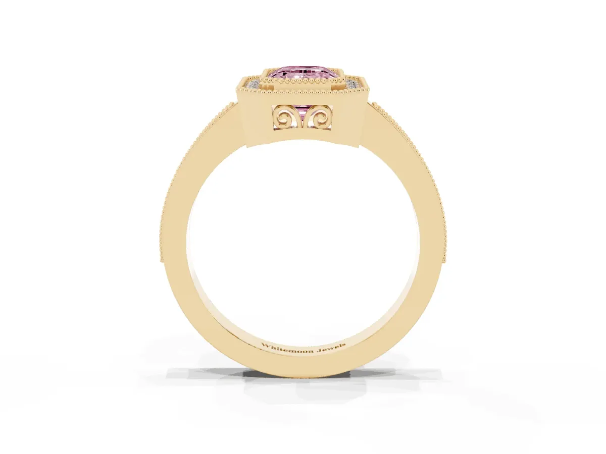 Fancy Pink Emerald Cut Cut Halo Diamond Ring with Pavé Band and Milgrain Prong Setting Yellow gold