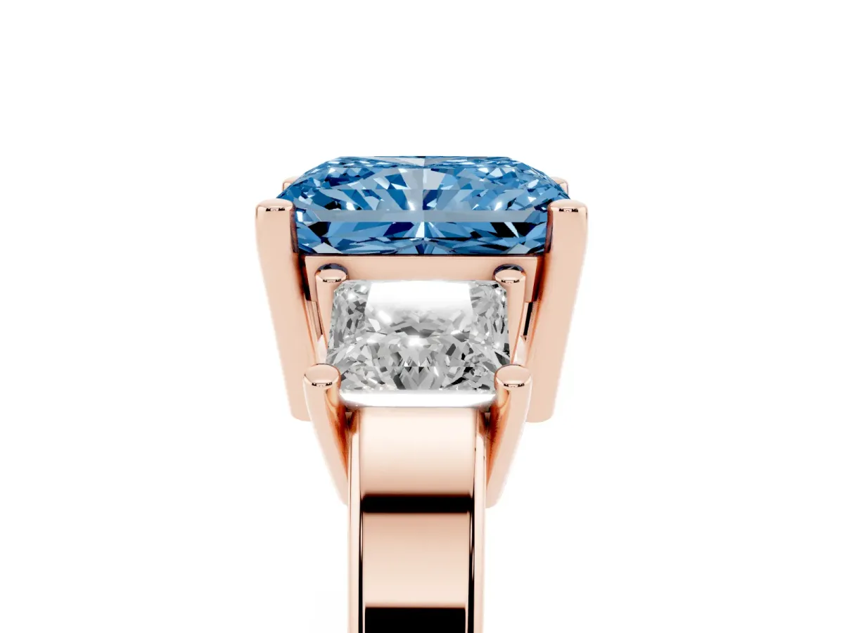 Fancy Blue Three-Stone Radiant Cut Cut Solitaire Ring with Prong Setting Rose gold
