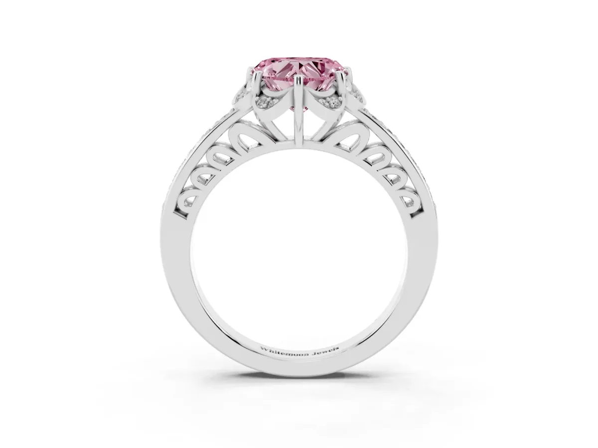Fancy Pink Heart Cut Cut Halo Diamond Ring with Channel Set Band and Four-Prong Setting Silver