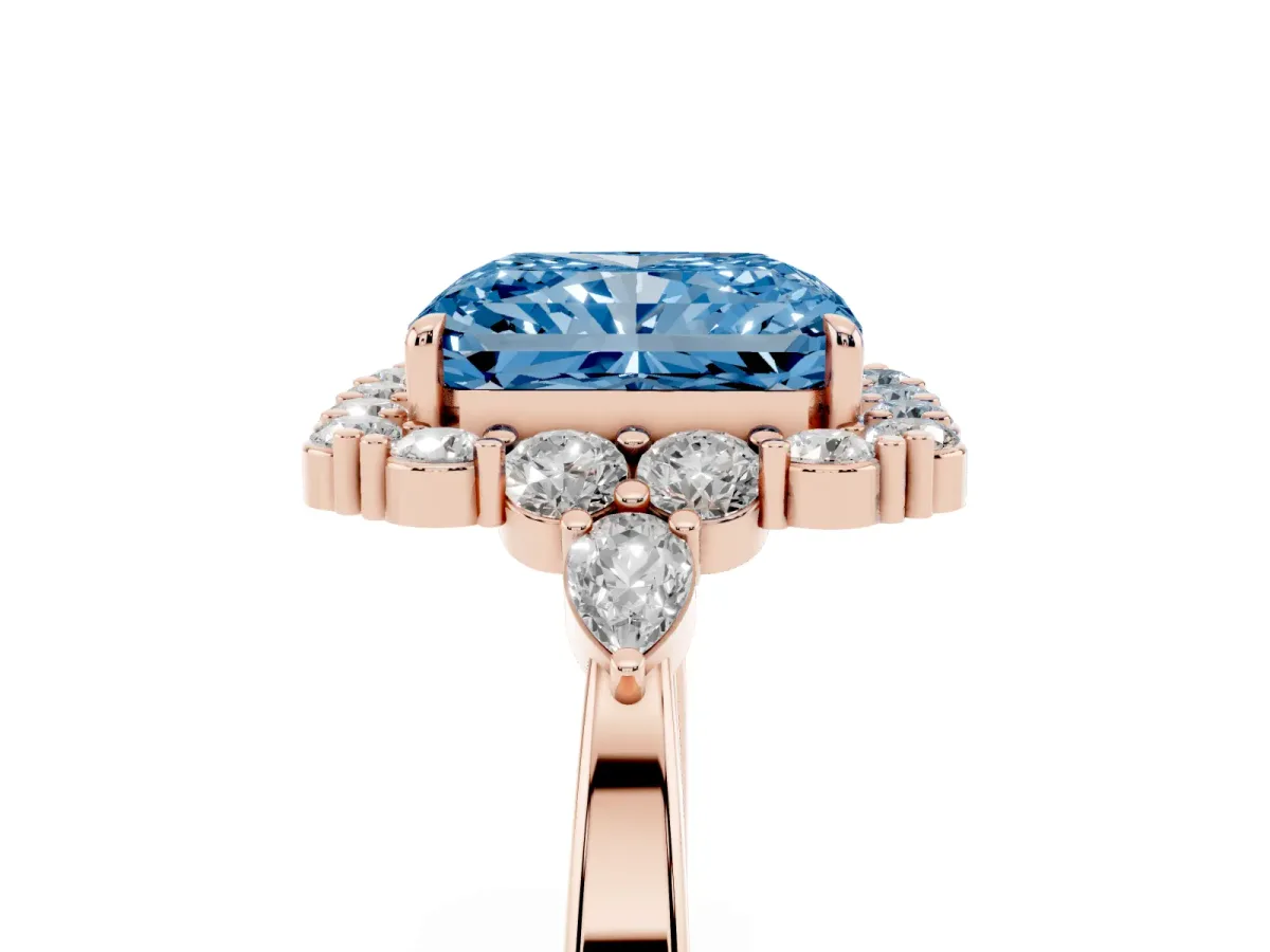 Fancy Blue Radiant Cut Diamond Halo Ring with Pear Side Stones and Prong Setting Rose gold
