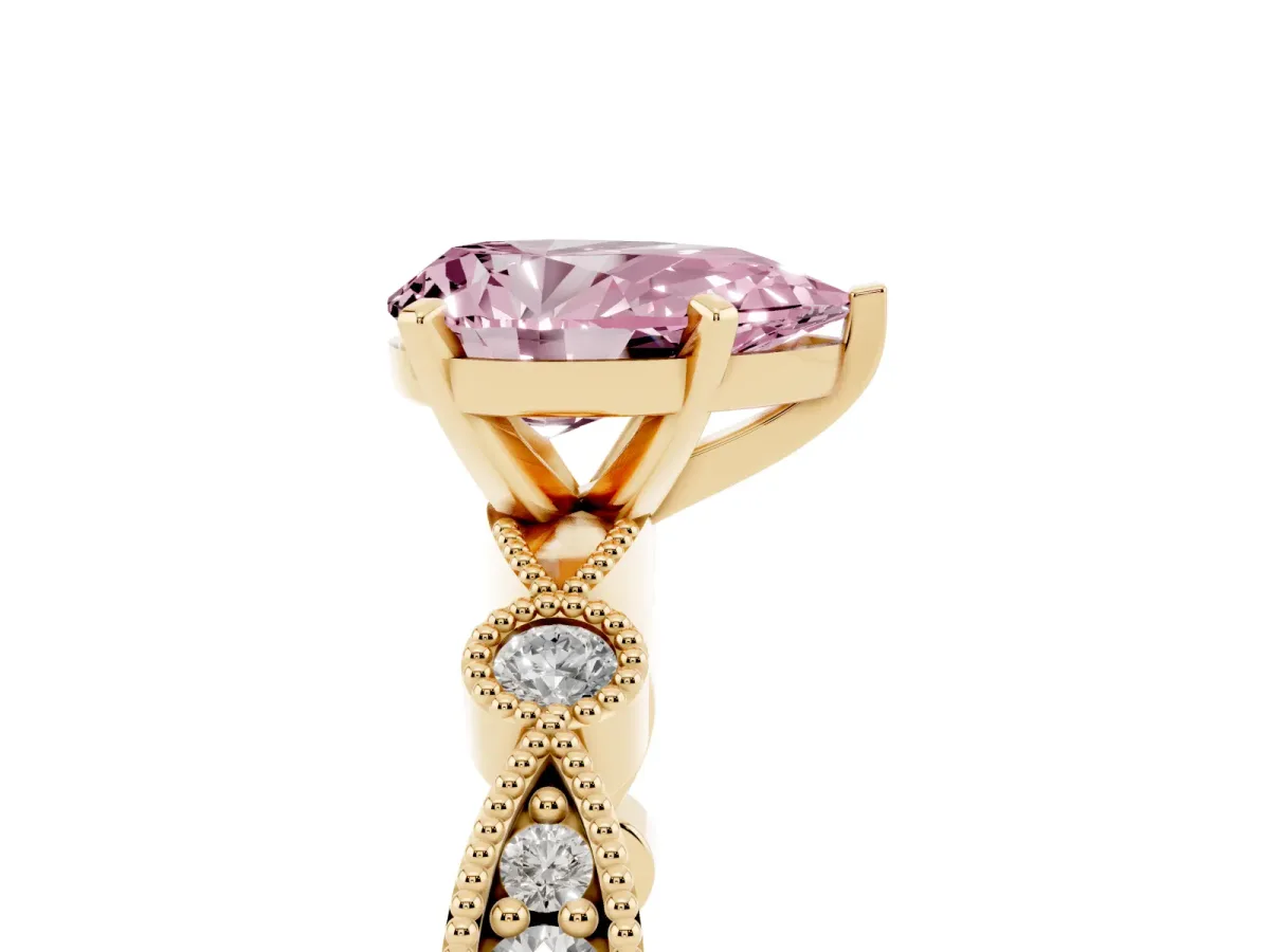 Fancy Pink Pear Cut Milgrain Bezel Diamond Engagement Ring with Solitaire Prong Setting Yellow gold