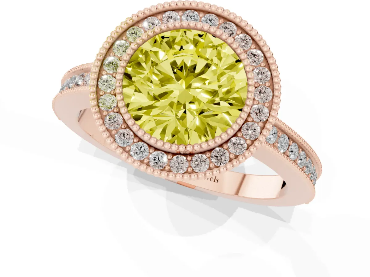 Fancy Yellow Round Cut Cut Halo Diamond Ring with Pavé Band and Milgrain Prong Setting Rose gold