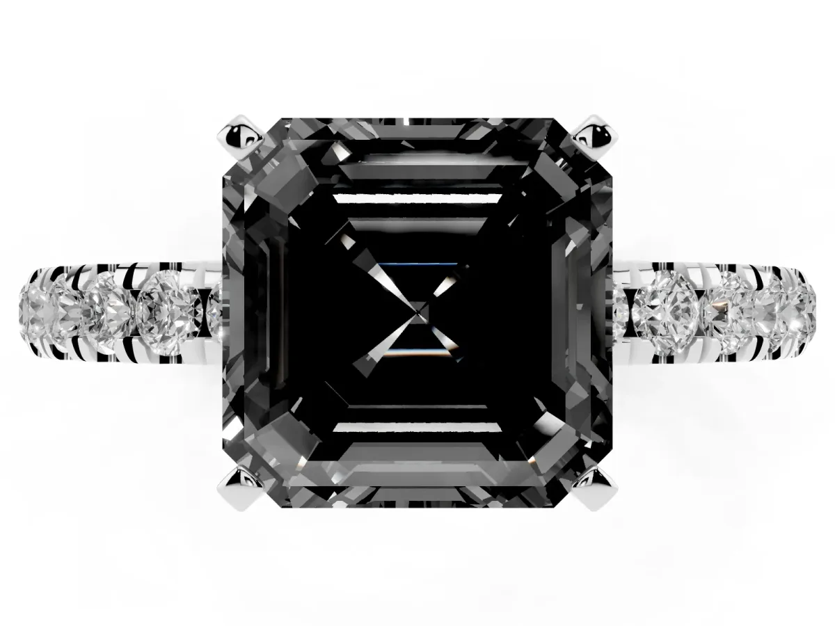 Fancy Black Asscher Cut Diamond Solitaire Ring with Pavé Accents and Four-Prong Setting Silver
