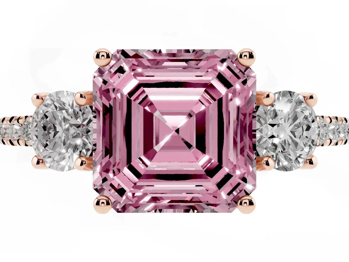 Fancy Pink Three-Stone Asscher Cut Cut Diamond Pavé Band with Prong Setting Rose gold