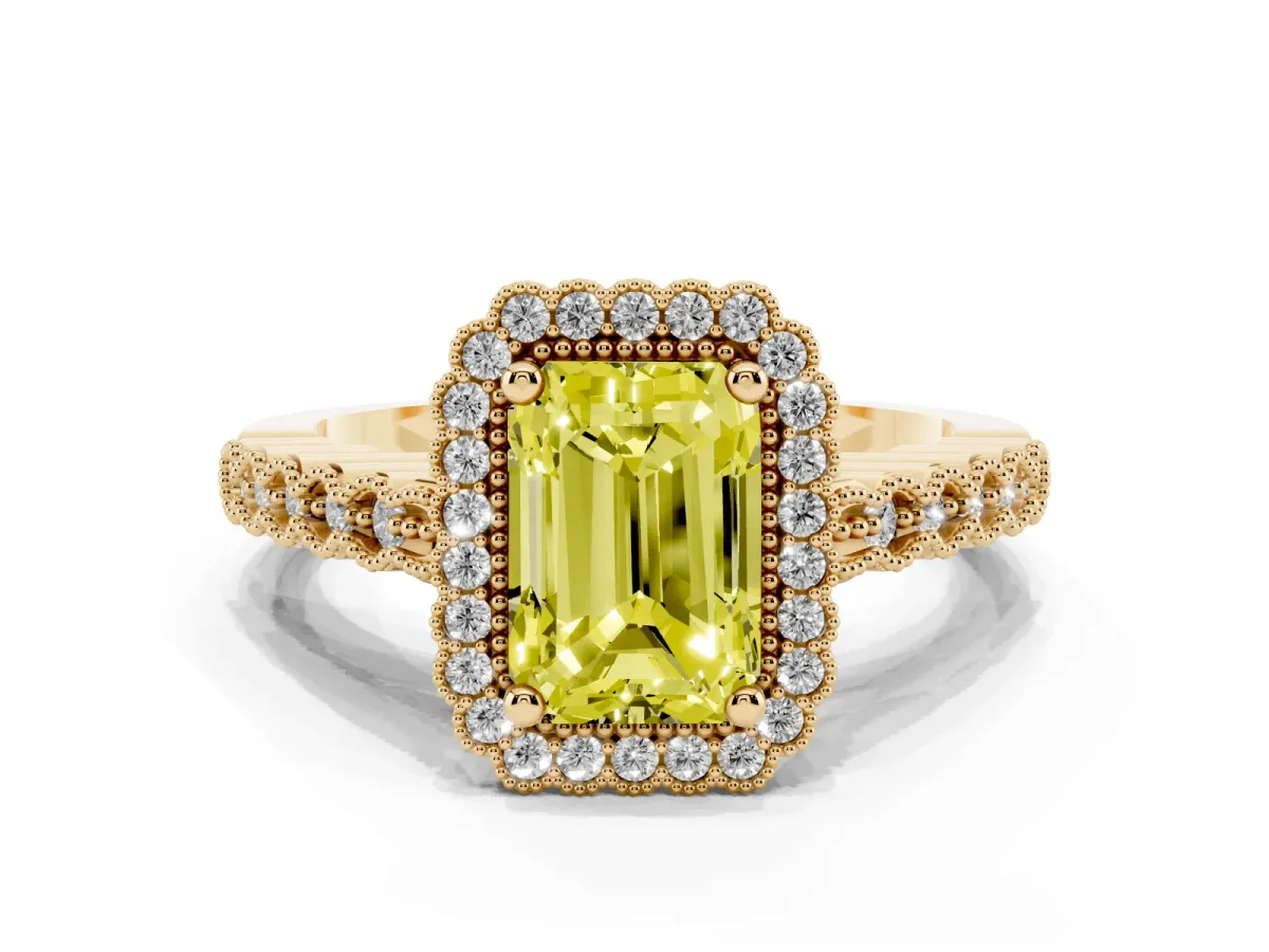 Fancy Yellow Radiant Cut Cut Halo Pavé Solitaire Ring with Milgrain Band Yellow gold