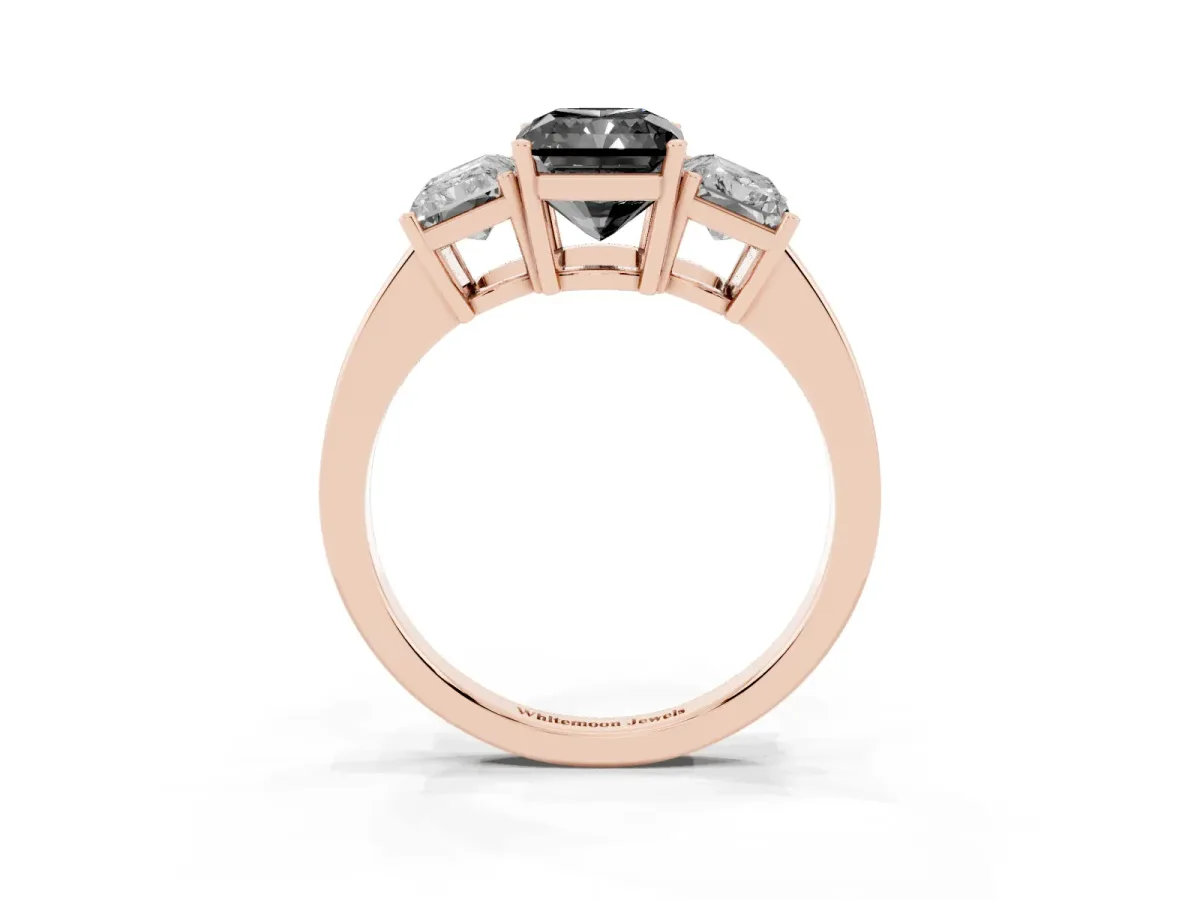 Fancy Black Three-Stone Radiant Cut Cut Diamond Engagement Ring with Flat Band and Four-Prong Setting Rose gold