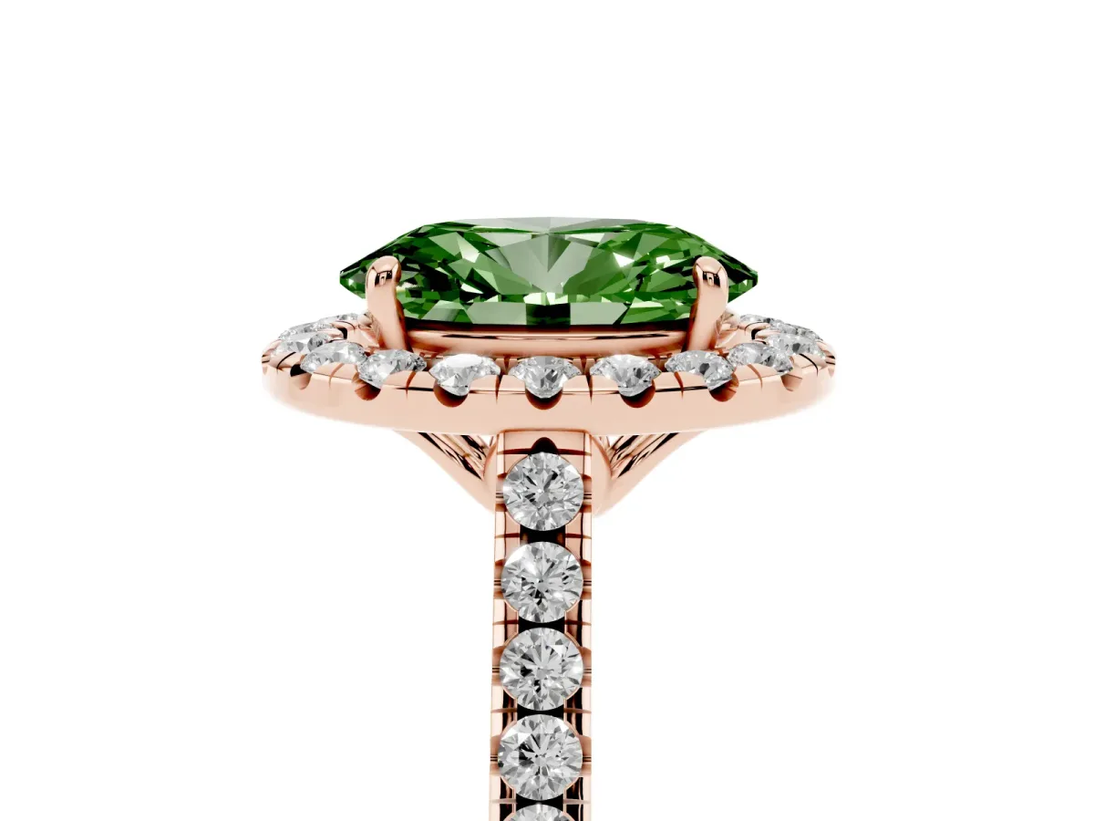 Fancy Green Oval Cut Halo Pavé Diamond Engagement Ring with Four-Prong Setting Rose gold
