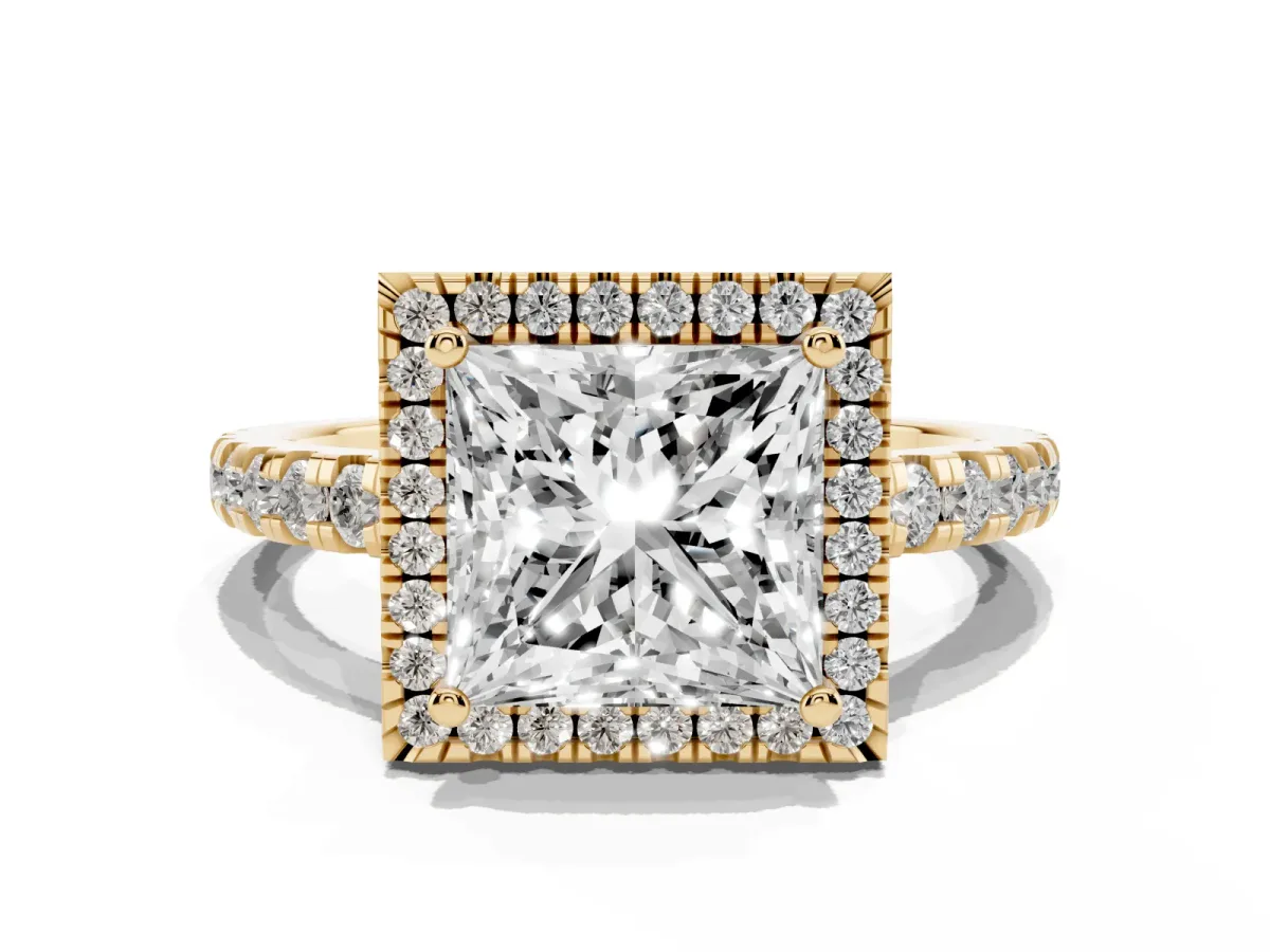 Princess Cut Diamond Halo Ring with Pavé Band and Four-Prong Setting Yellow gold