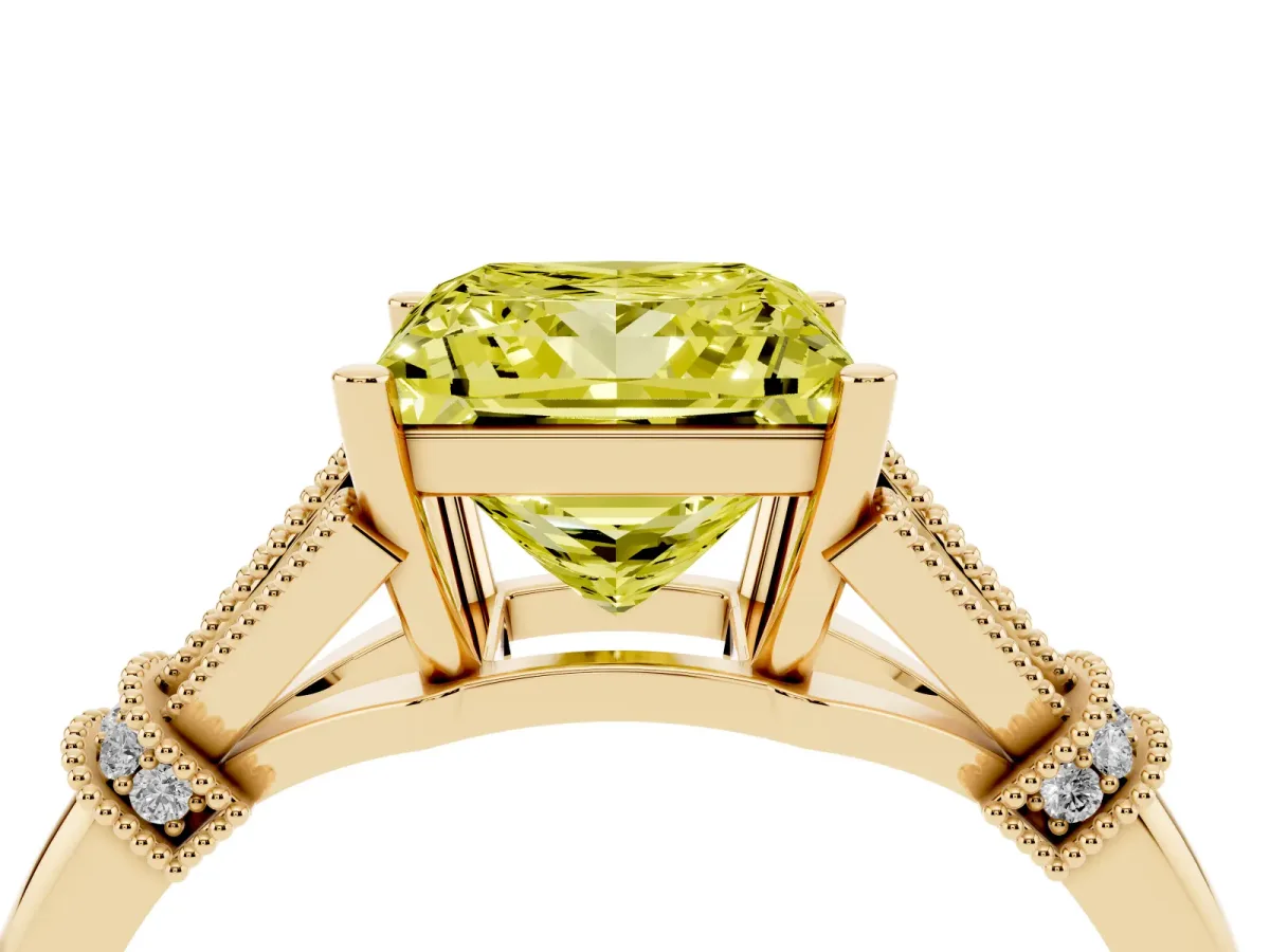 Fancy Yellow Princess Cut Diamond Solitaire Ring with Floral Filigree and Pave Accents Yellow gold