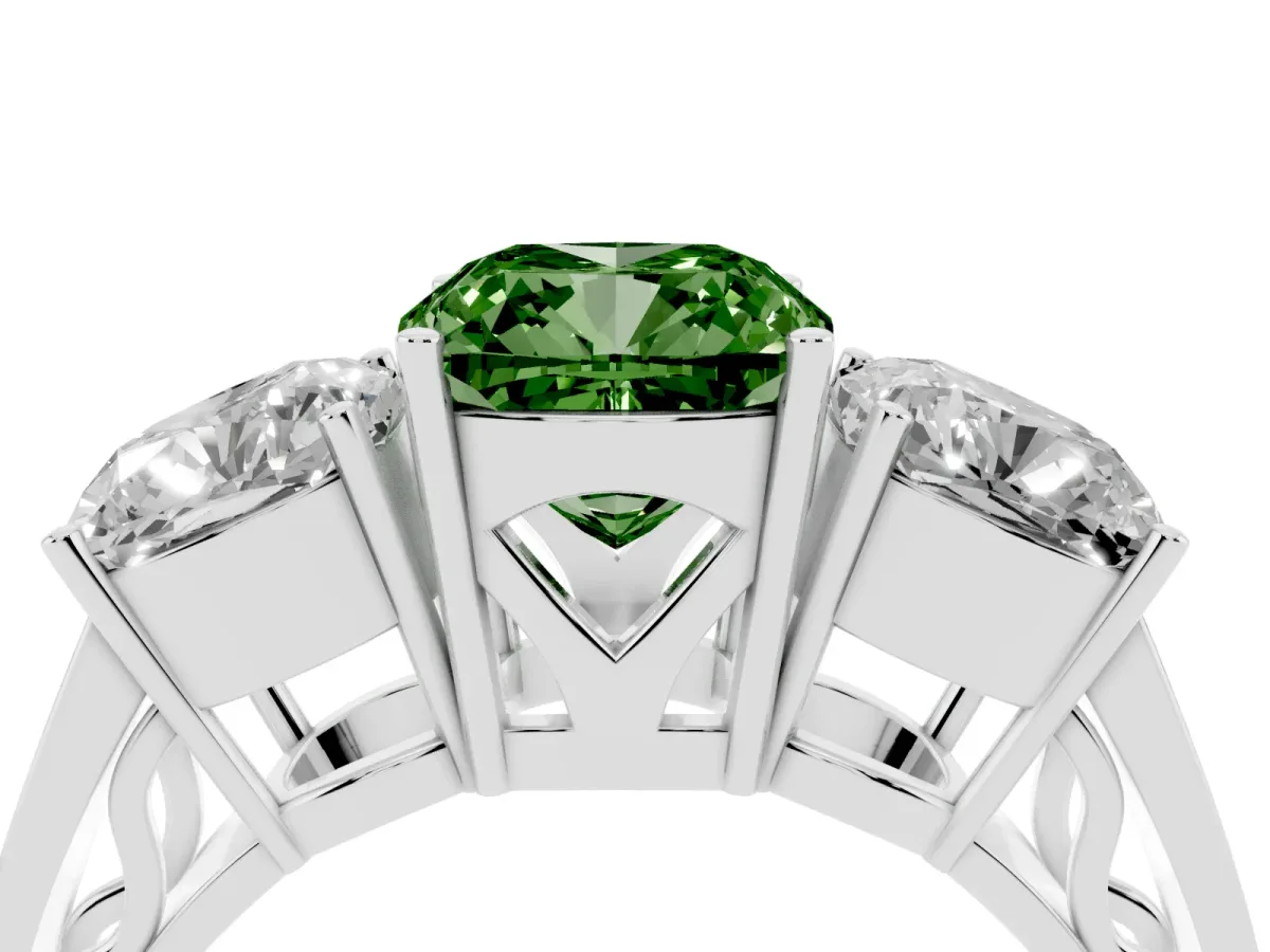 Fancy Green Cushion Cut Diamond Three-Stone Ring with Prong Setting and Textured Band Silver