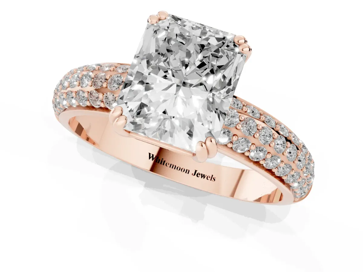 Radiant Cut Diamond Solitaire Ring with Multi-Row Round Pavé Band and Prong Setting Rose gold