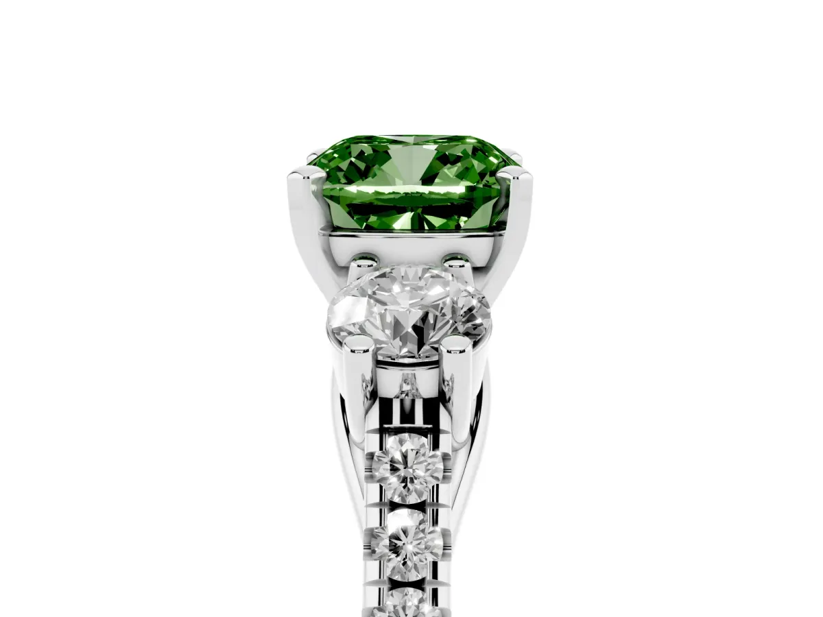 Fancy Green Three-Stone Cushion Cut Diamond Pavé Band with Four-Prong Setting Silver