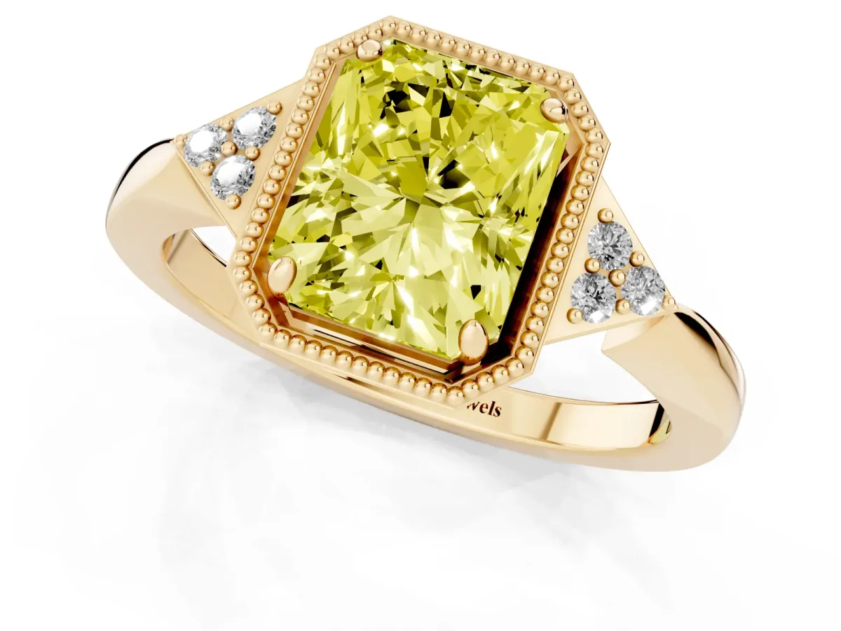 Fancy Yellow Radiant Cut Diamond Halo Ring with Tapered Band and Four-Prong Setting Yellow gold