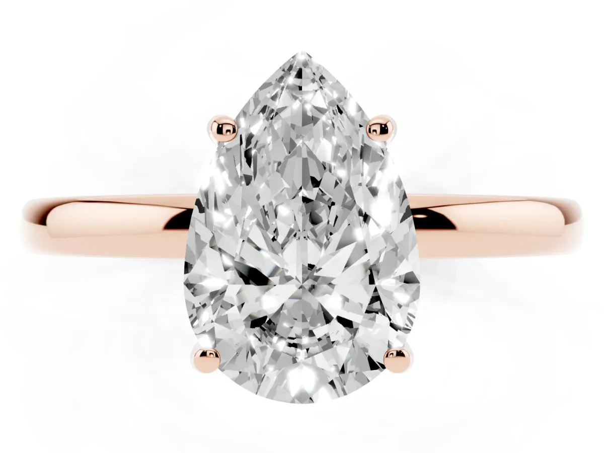 Pear Cut Solitaire Diamond Ring with Prong Setting and Plain Band Rose gold