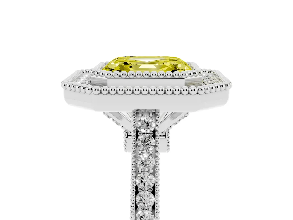 Fancy Yellow Asscher Cut Diamond Halo Ring with Milgrain Frame and Pavé Band White gold