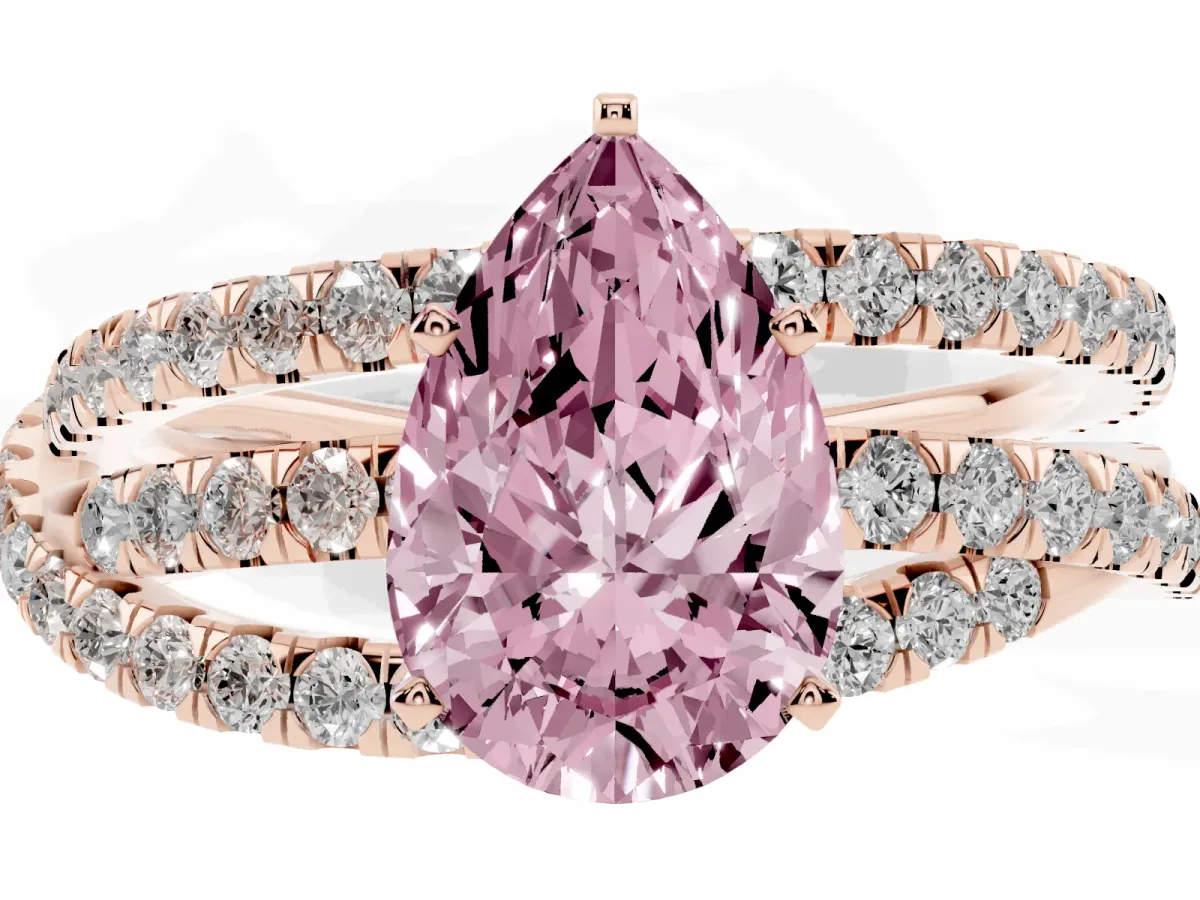 Fancy Pink Pear Cut Solitaire Twist Band with Pavé Setting and Four-Prong Setting Rose gold
