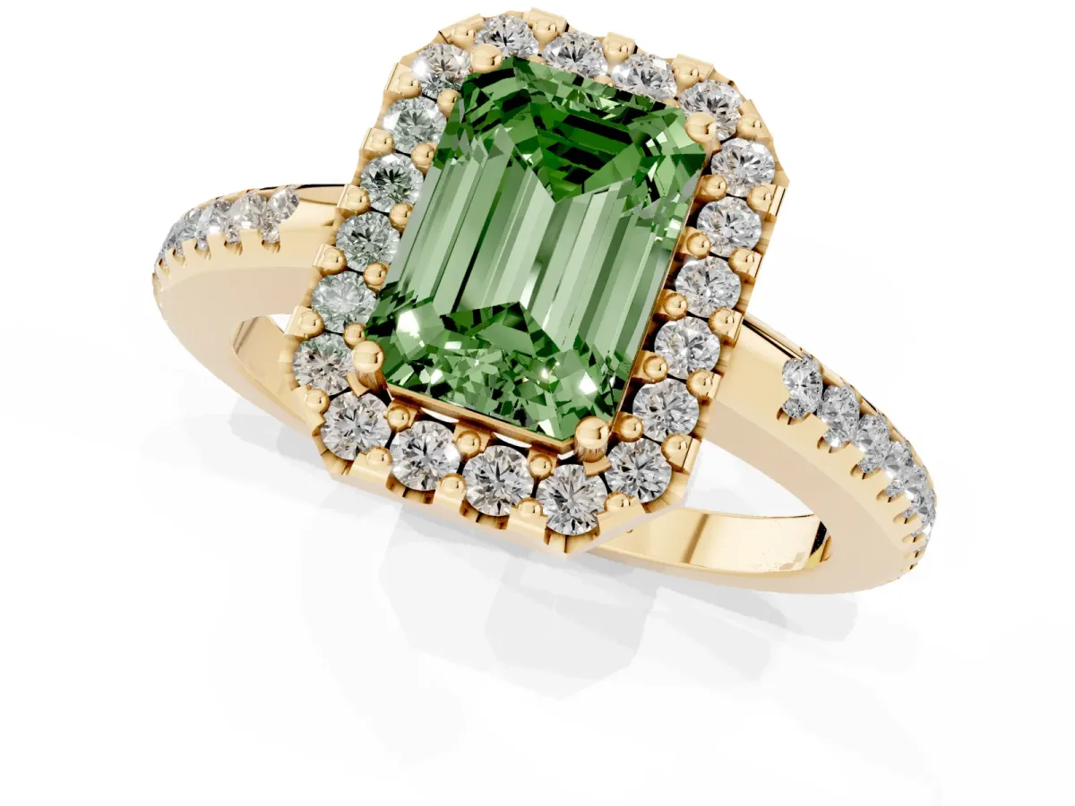 Fancy Green Emerald Cut Diamond Pavé Halo Ring with Four-Prong Setting Yellow gold
