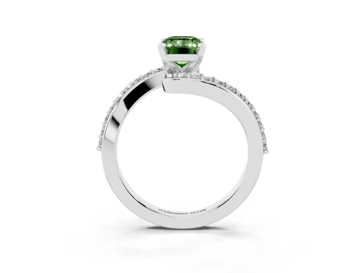 Fancy Green Emerald Cut Solitaire Twist Band with Pave Set Diamonds and Four-Prong Setting Platinum