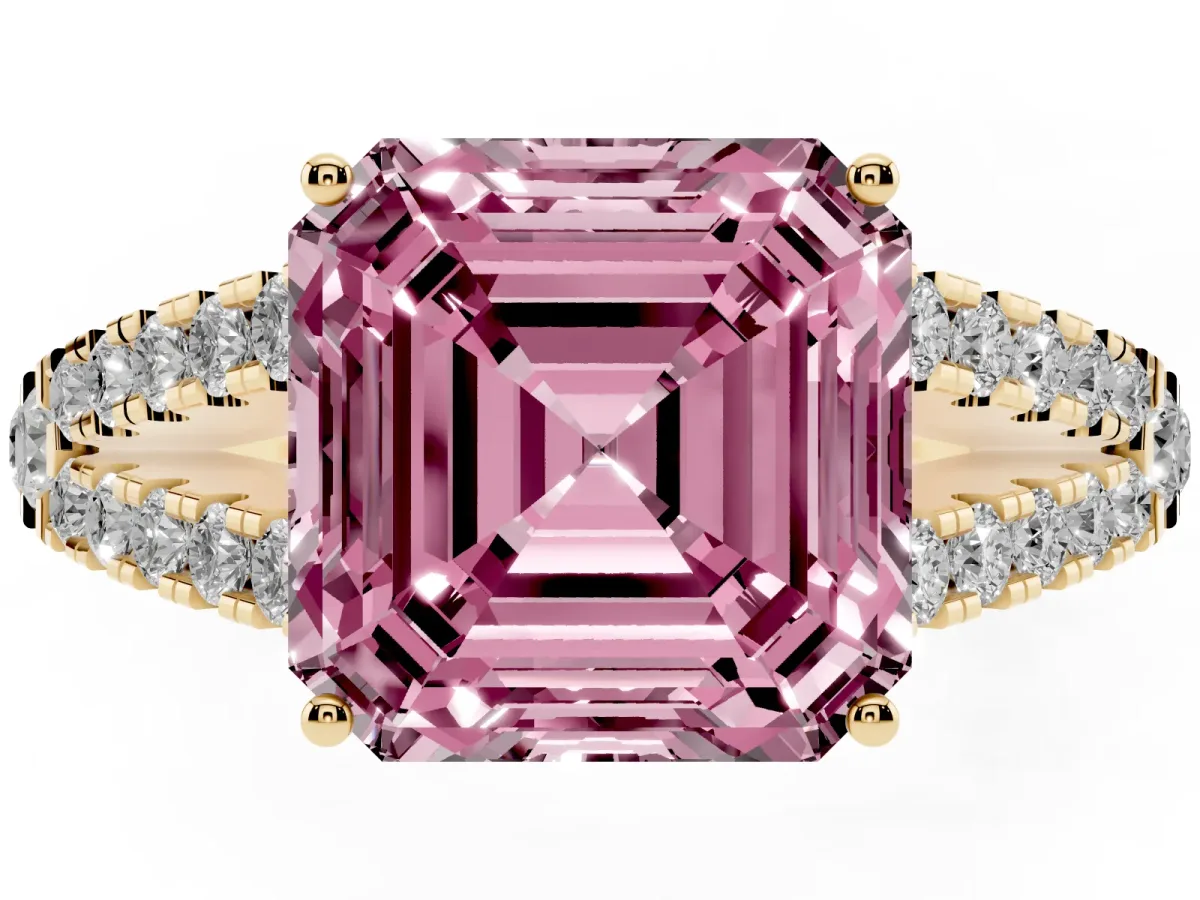 Fancy Pink Asscher Cut Diamond Split Shank Engagement Ring with Round Pavé and Prong Setting Yellow gold