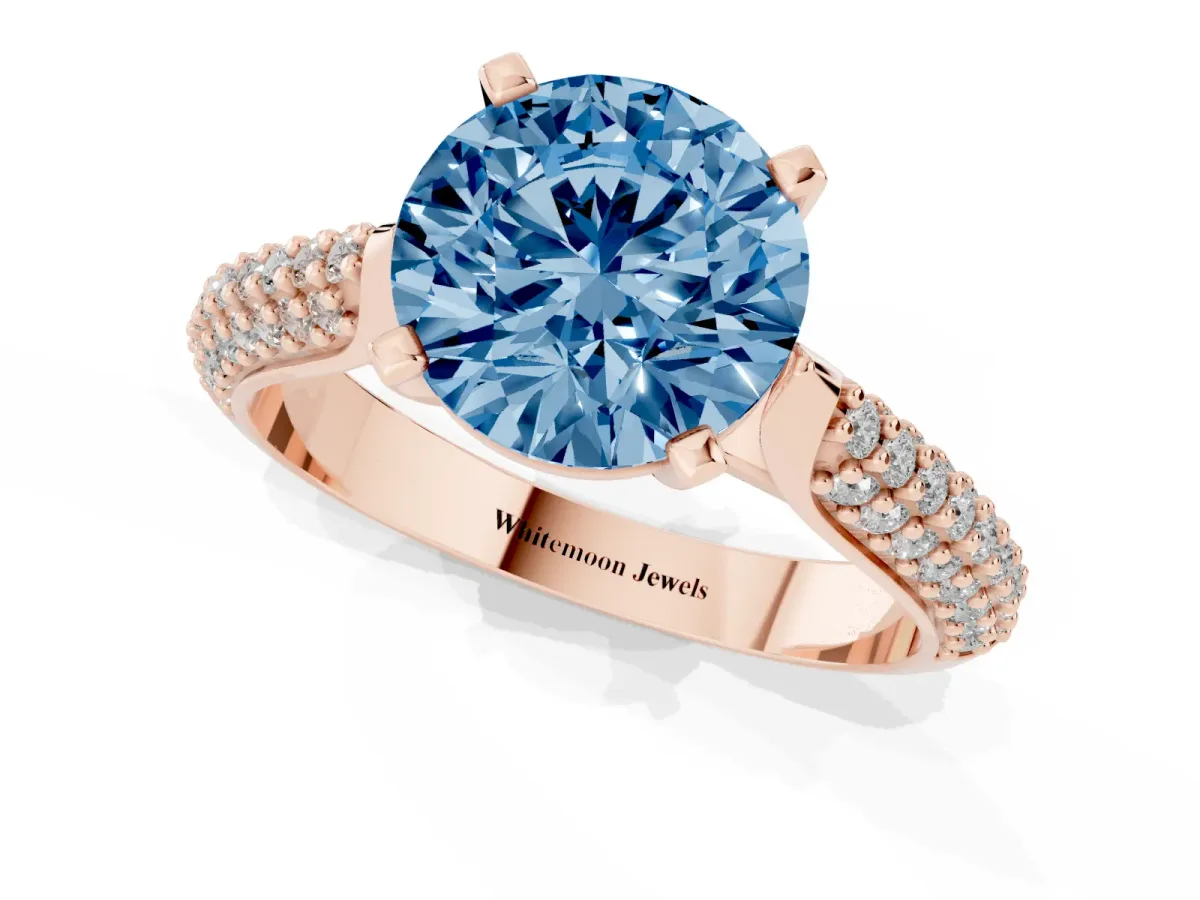 Fancy Blue Round Cut Diamond Solitaire Engagement Ring with Multi-Row Round Pavé Band and Prong Setting Rose gold