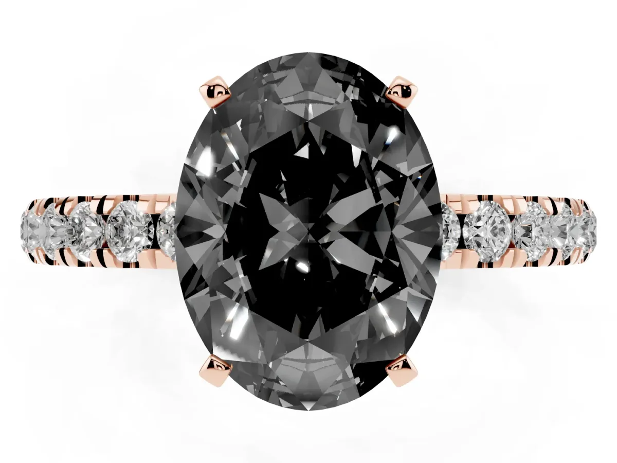 Fancy Black Oval Cut Diamond Solitaire Ring with Pavé Accents and Four-Prong Setting Rose gold
