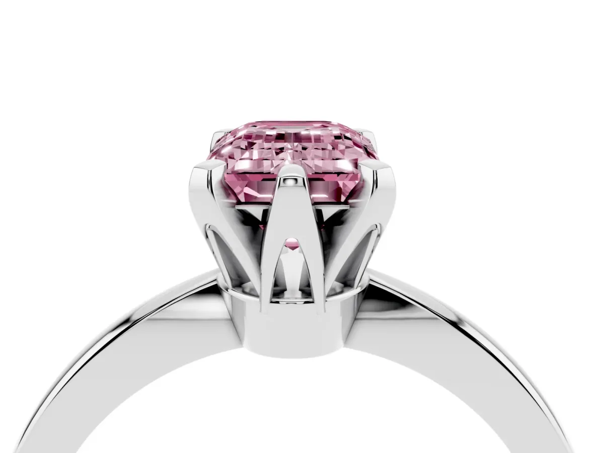 Fancy Pink Emerald Cut Solitaire Engagement Ring with Six-Prong Setting and Tapered Band Platinum