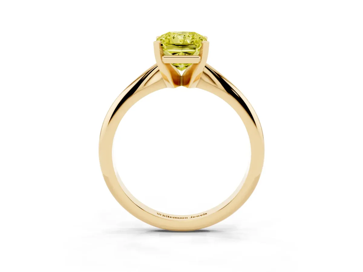 Fancy Yellow Radiant Cut Cut Solitaire Ring with Four-Prong Setting on a Classic Band Yellow gold