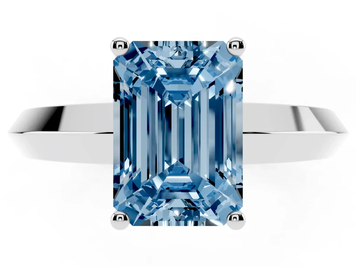 Fancy Blue Emerald Cut Cut Solitaire Engagement Ring with Flat Band and Four-Prong Setting Platinum